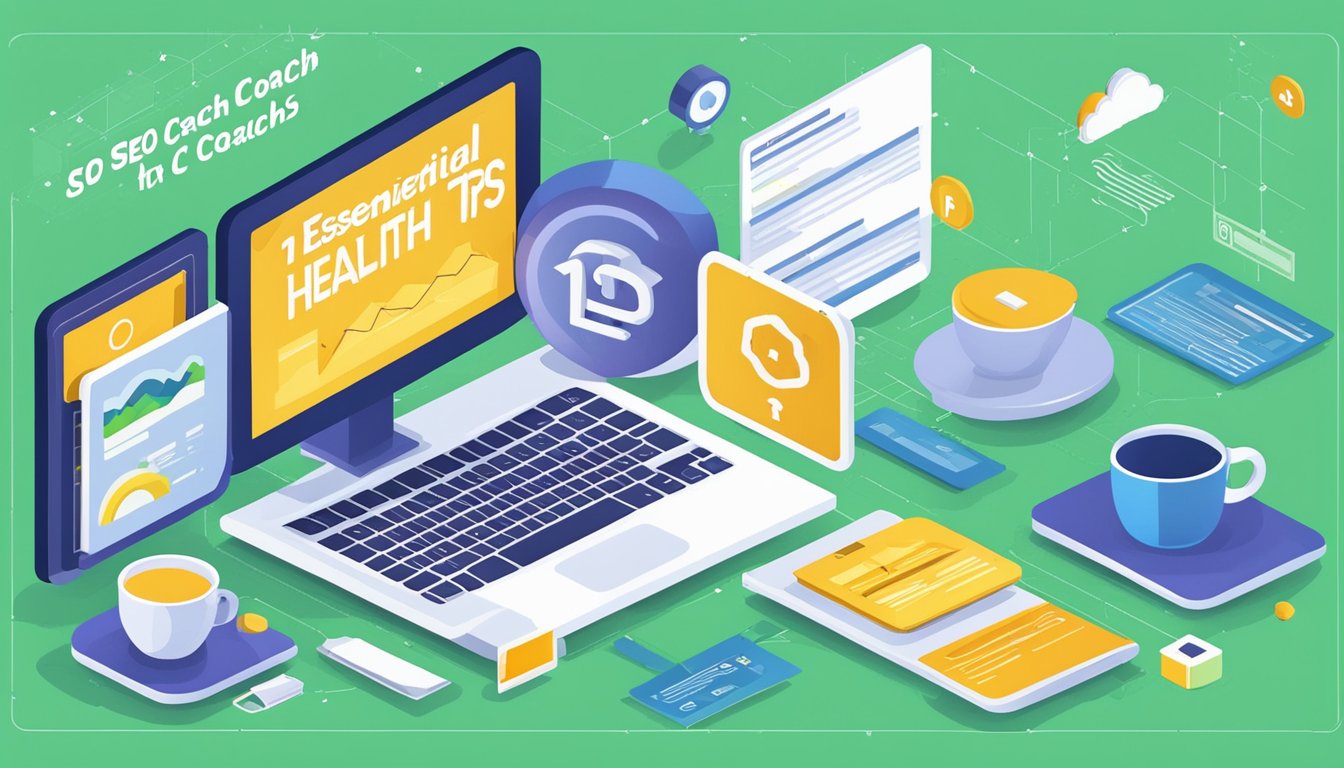 A computer screen with a webpage titled "11 Essential SEO Tips for Beginner Health Coaches" and a list of reputable sites for building backlinks