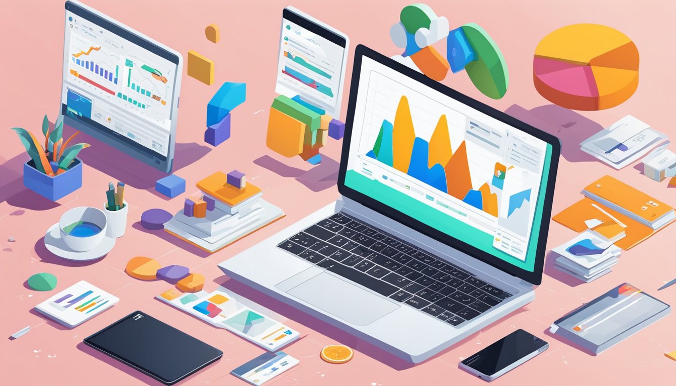 A laptop open to Google Analytics dashboard with SEO tips on a desk