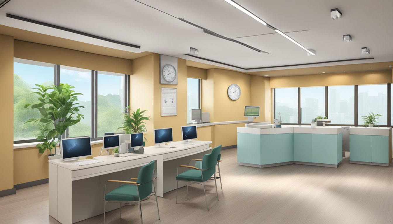 A modern cardiology clinic with Dr. Lau Yung Sang's name prominently displayed. Clean, professional, and welcoming atmosphere