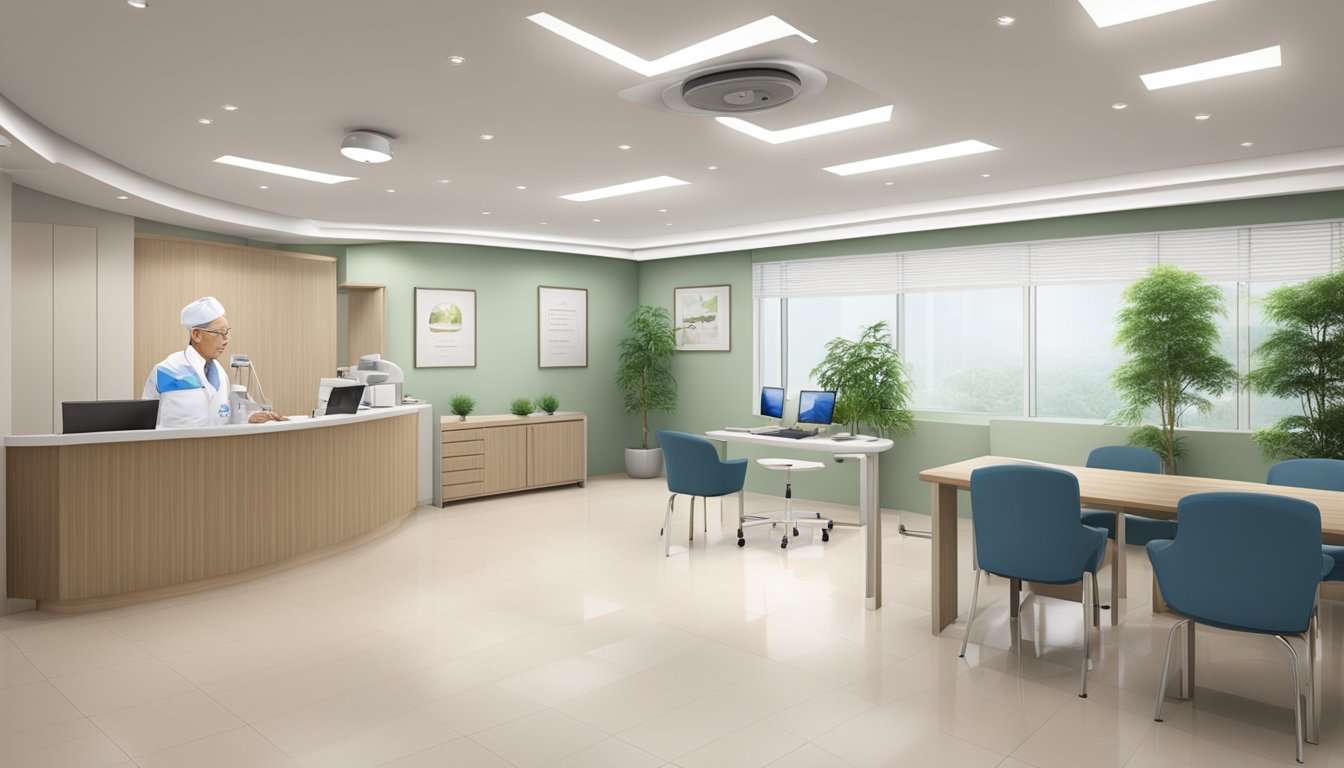 A modern, clean cardiology clinic with Dr Lau Yung Sang's name prominently displayed. A professional and welcoming atmosphere
