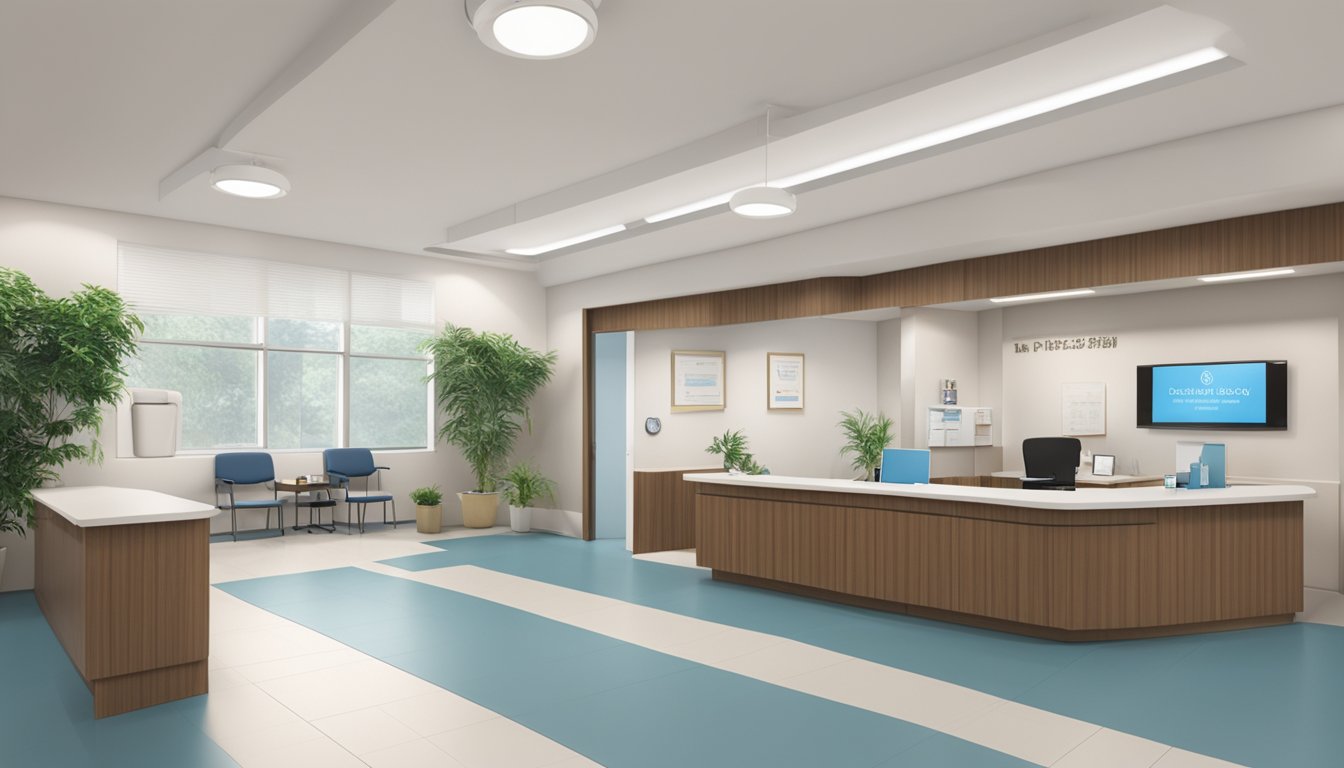 A modern cardiology clinic with Dr. Lau Yung Sang's name prominently displayed. Clean, professional, and welcoming environment