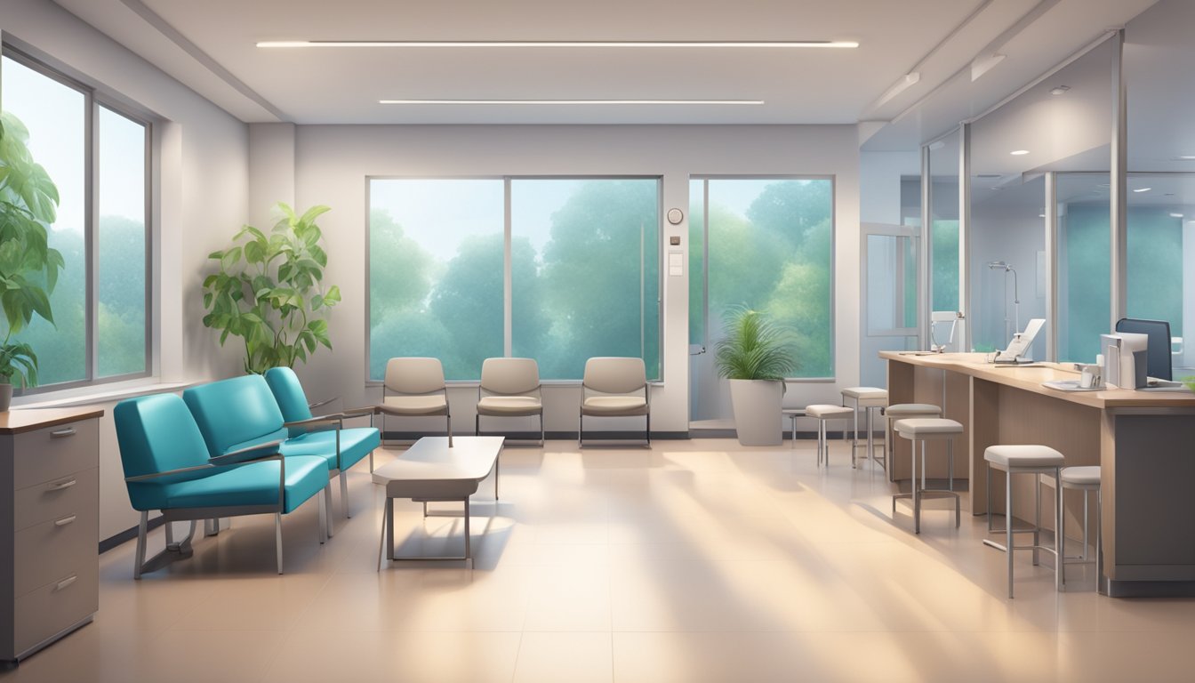 A modern, well-lit cardiologist's clinic with medical equipment and comfortable seating. Clean and organized with a professional yet welcoming atmosphere