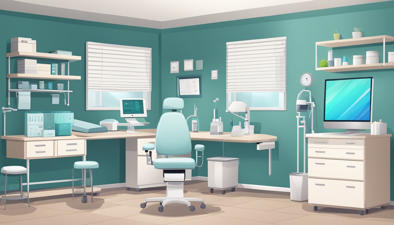 A modern clinic room with medical equipment and a desk. The room is well-lit and organized, with a professional and calming atmosphere