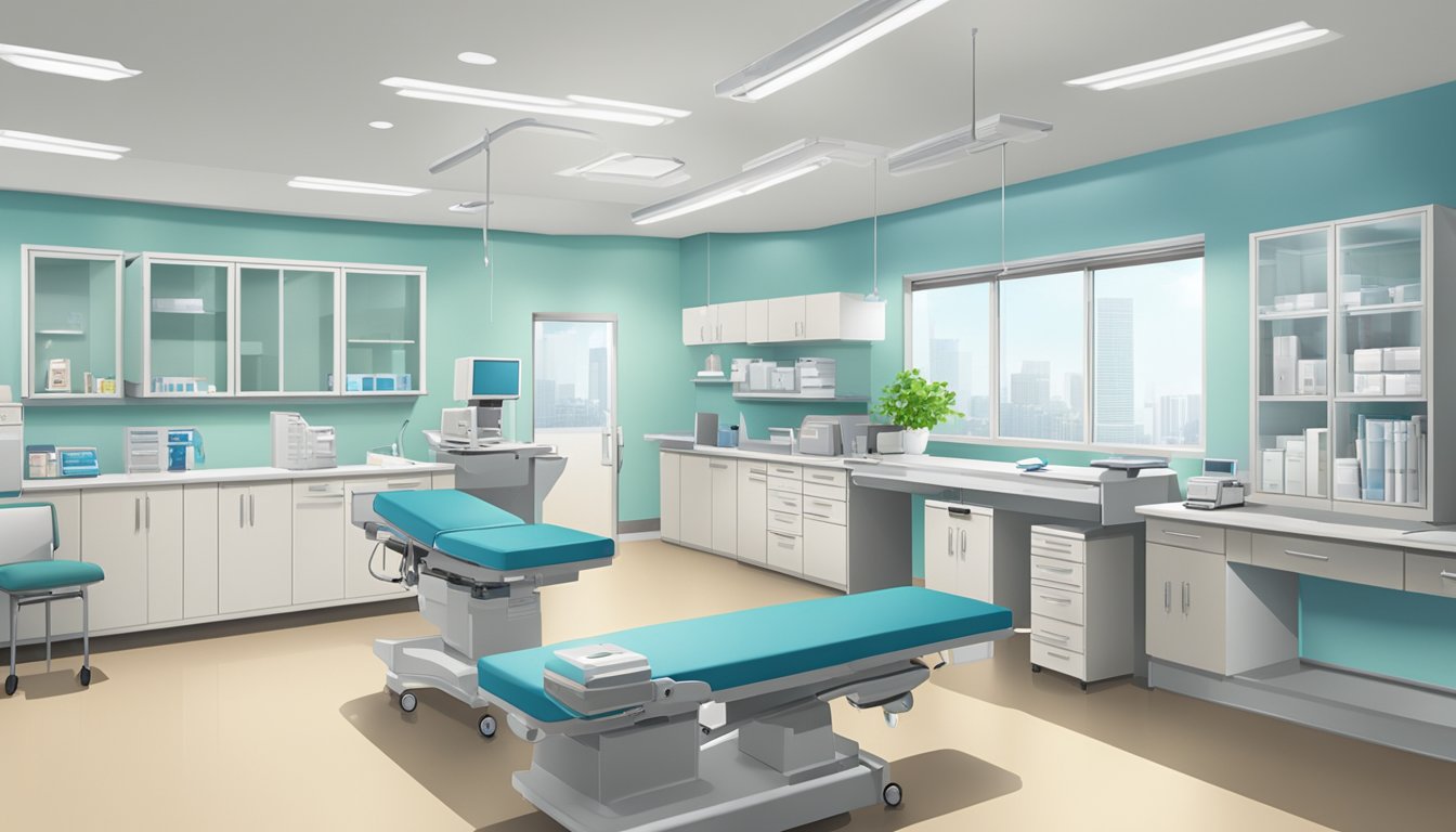 A modern clinic room with medical equipment and a desk, located in Tan Tock Seng Hospital