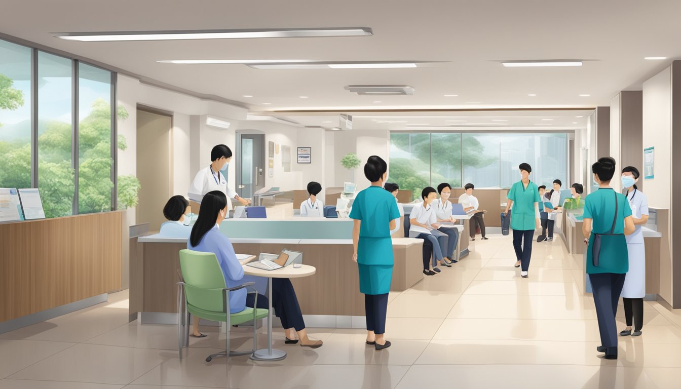 The bustling lobby of Clinic 3A at Tan Tock Seng Hospital, with a prominent sign for Cardiologist Dr. Hoon Hui Qing Violet