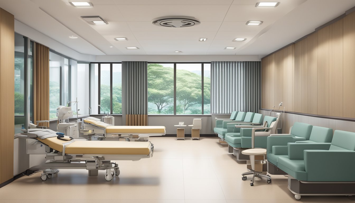A modern, well-lit cardiology clinic at Tan Tock Seng Hospital, with medical equipment and comfortable seating