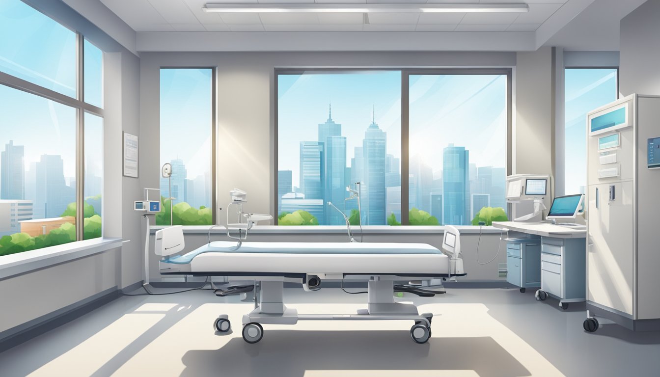 A modern hospital room with medical equipment and a desk. The room is bright and clean, with a view of the city skyline