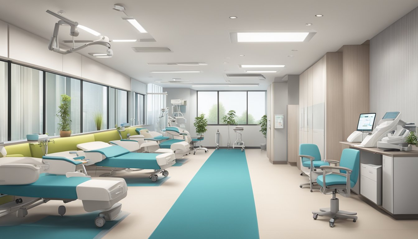 A modern clinic interior with medical equipment and comfortable seating, showcasing the expertise of Dr. Deborah Lee Jin Hyun at Clinic 3A, Tan Tock Seng Hospital