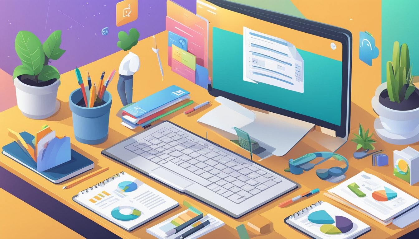 A desk with a laptop, notebook, and pen.</p><p>A checklist titled "12 Steps for a Comprehensive SEO Audit" is visible on the screen.</p><p>Various SEO tools and reports are scattered around the desk