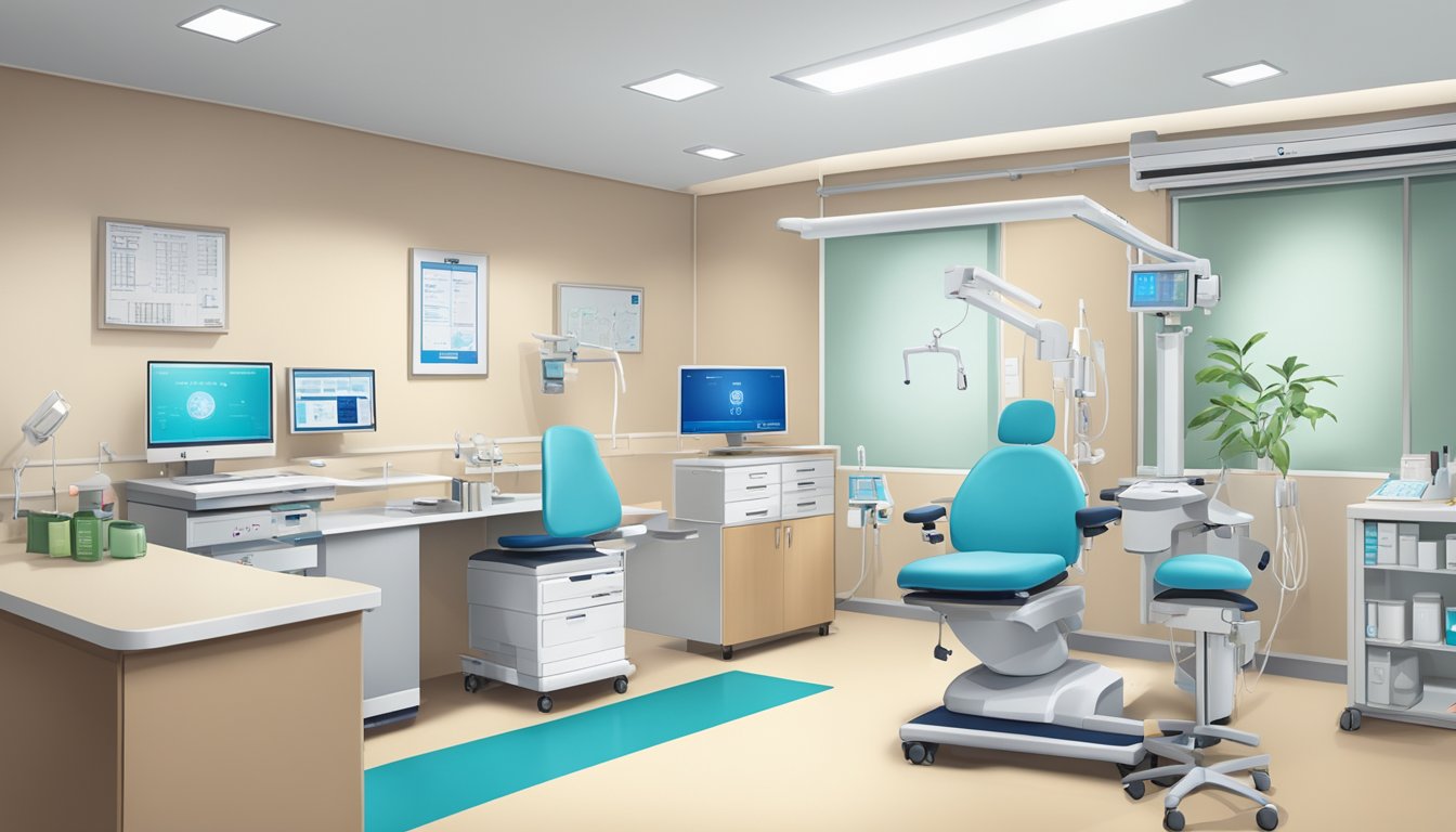 A modern, well-lit clinic room with medical equipment and a desk, labeled "Dr Tong Jieli - Clinic 3A – Tan Tock Seng Hospital | SG Cardiologist."