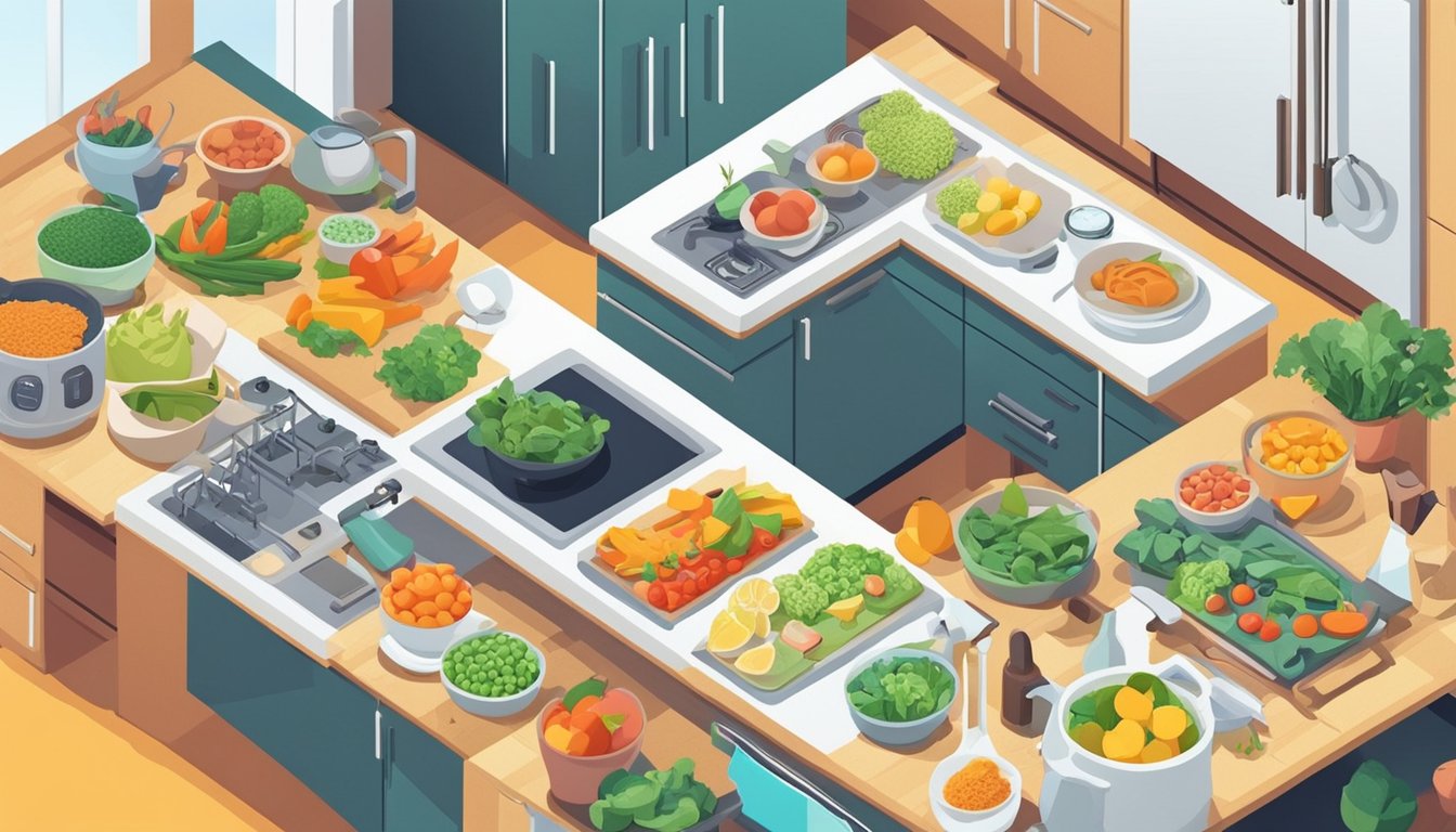 A colorful kitchen scene with a variety of fresh ingredients, cooking utensils, and a computer displaying "10 Tips to Optimize Images for SEO on Recipe Blogs."