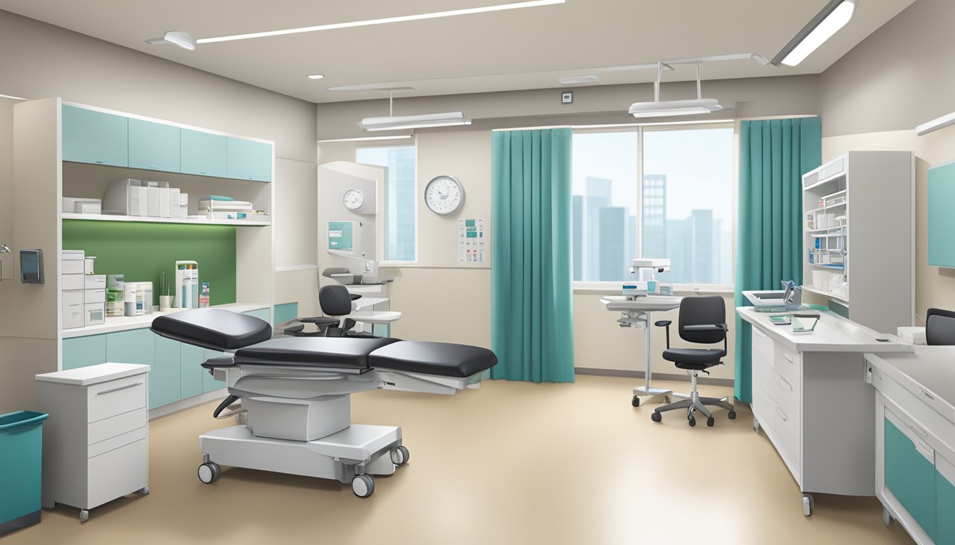 A modern clinic room with medical equipment and a desk. The Tan Tock Seng Hospital logo is visible