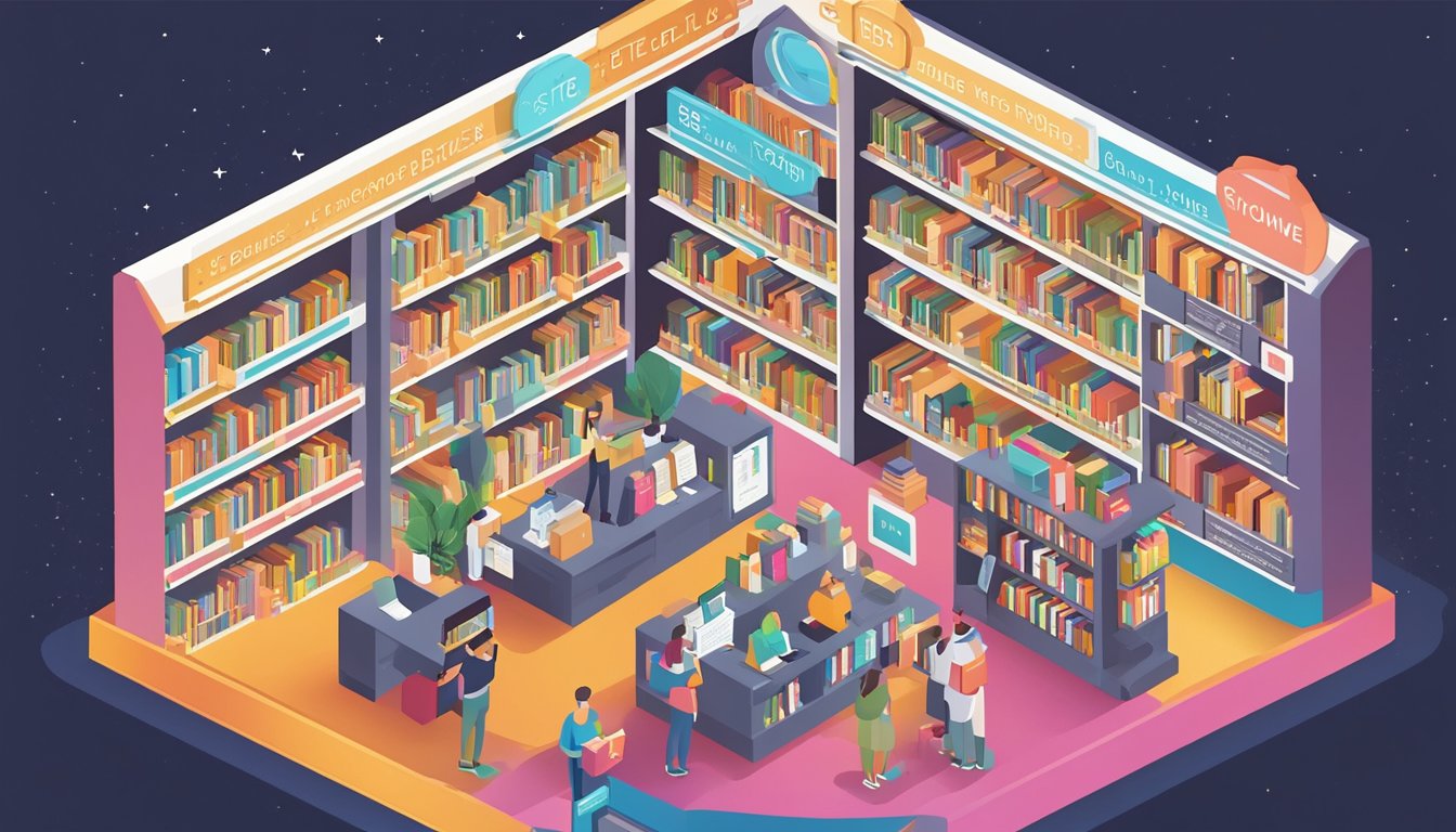 Local bookstore with glowing reviews, visible SEO strategies like keyword-optimized signage and an engaging website.</p><p>Customers browsing shelves and interacting with staff