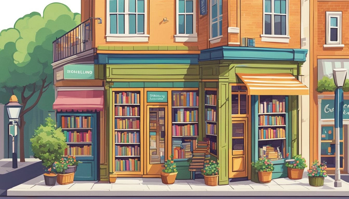 A cozy local bookstore with shelves of books, a reading nook, and a welcoming entrance.</p><p>Outside, a quaint street with colorful storefronts and a bustling atmosphere