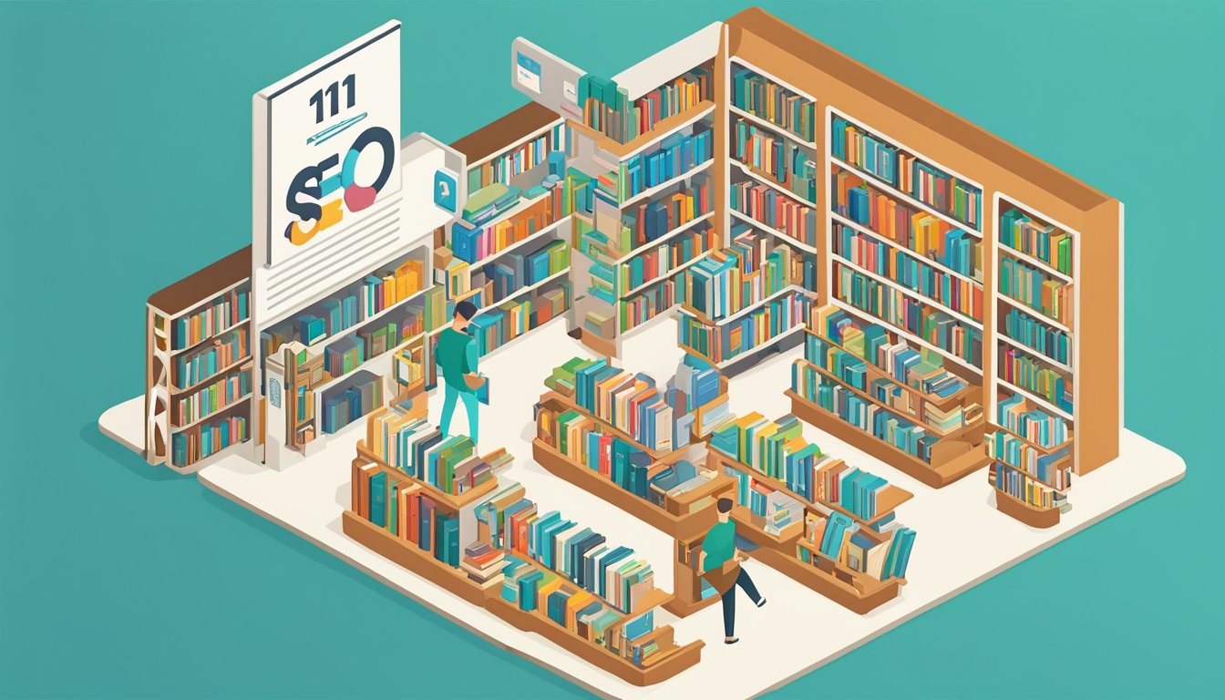 A bookstore with a sign promoting "11 Effective SEO Strategies" on social media.</p><p>Books displayed with SEO-related titles.</p><p>Online ads visible on computer screens