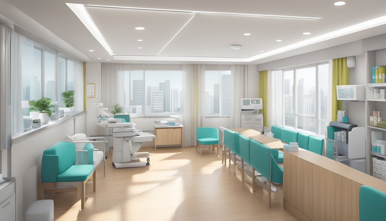 A bright, modern clinic interior at Tan Tock Seng Hospital, with clear signage for Dr. Tong Jieli's cardiology practice