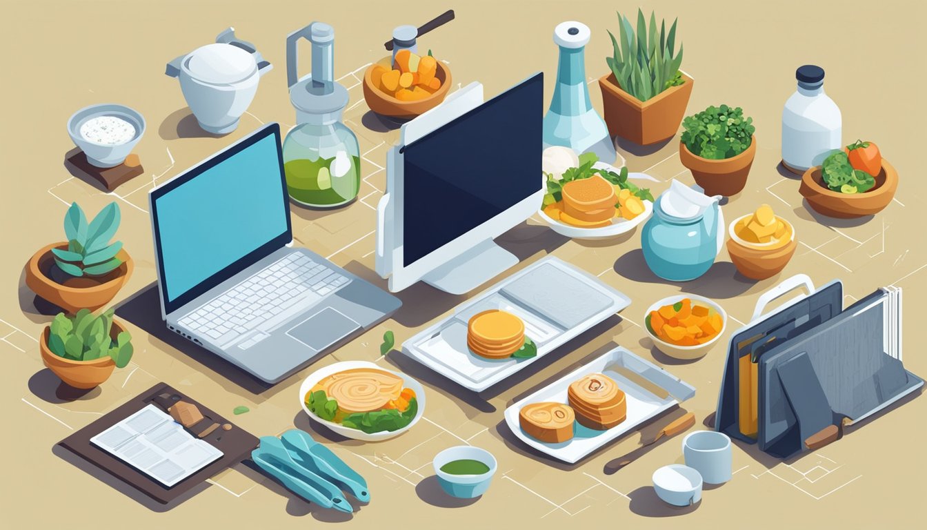 A chef's table with a laptop displaying "10 Tips to Optimize Images for SEO on Recipe Blogs" surrounded by various ingredients and kitchen tools