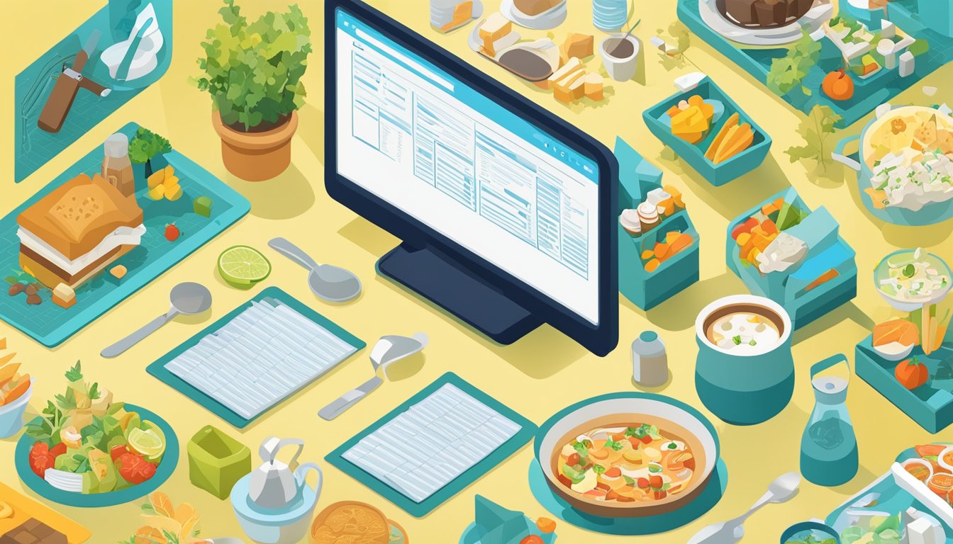 A computer screen with an XML sitemap and images, surrounded by food-related items like utensils, ingredients, and a recipe book