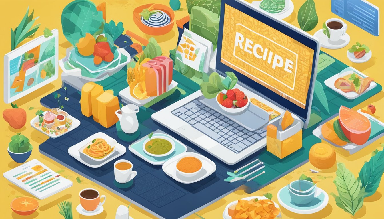 A laptop displaying a recipe blog with vibrant food images, surrounded by SEO optimization tips