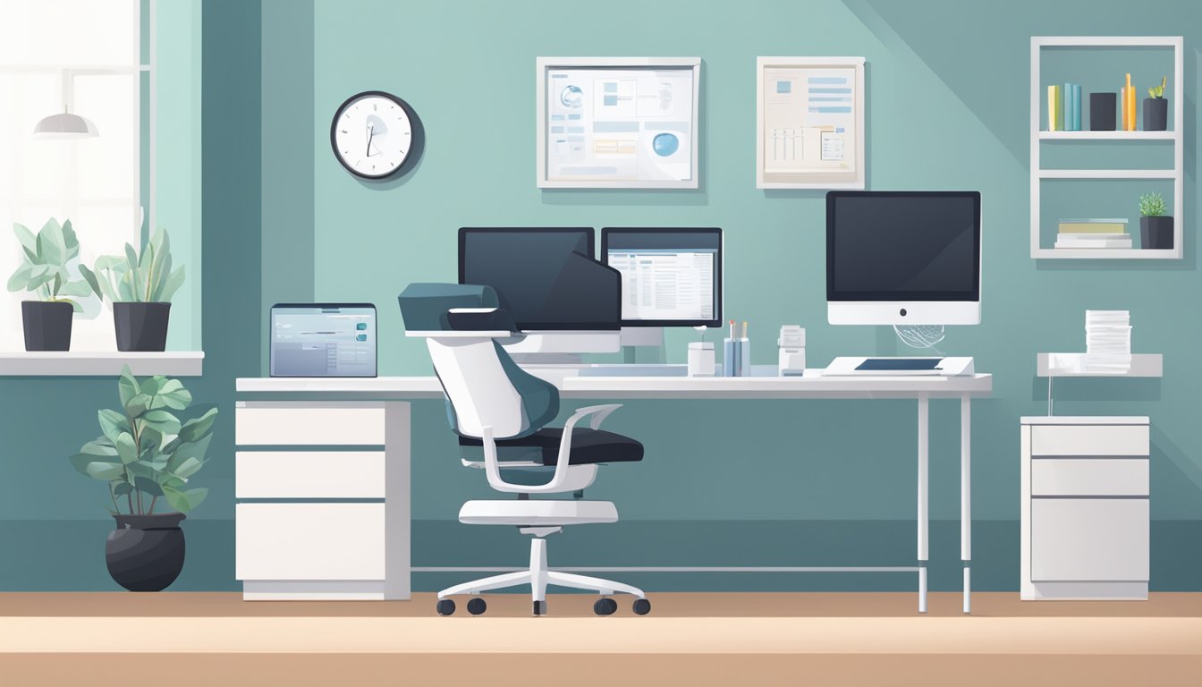 A modern clinic room with medical equipment, a desk, and a computer. The room is well-lit and organized, with a professional and calming atmosphere