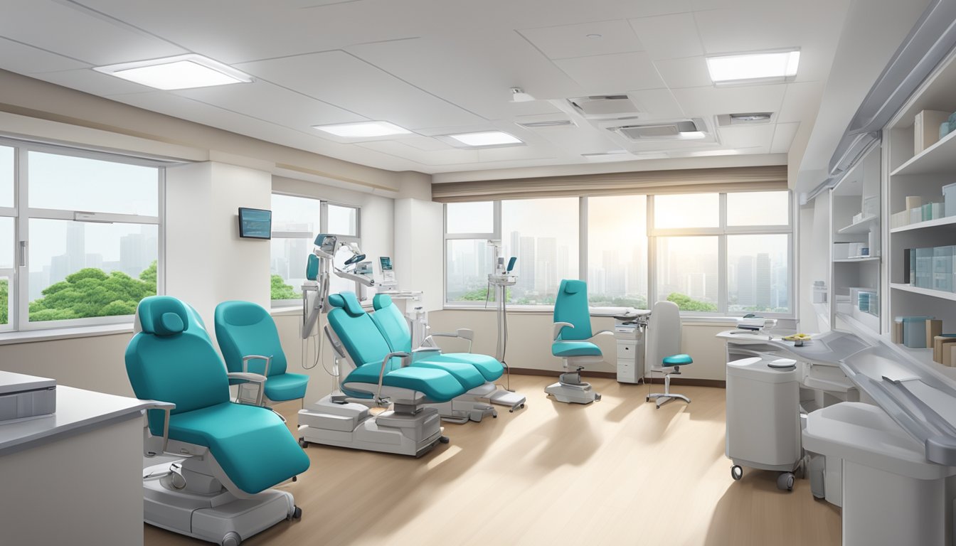 A modern, well-lit cardiologist's clinic at Tan Tock Seng Hospital, with medical equipment and comfortable seating