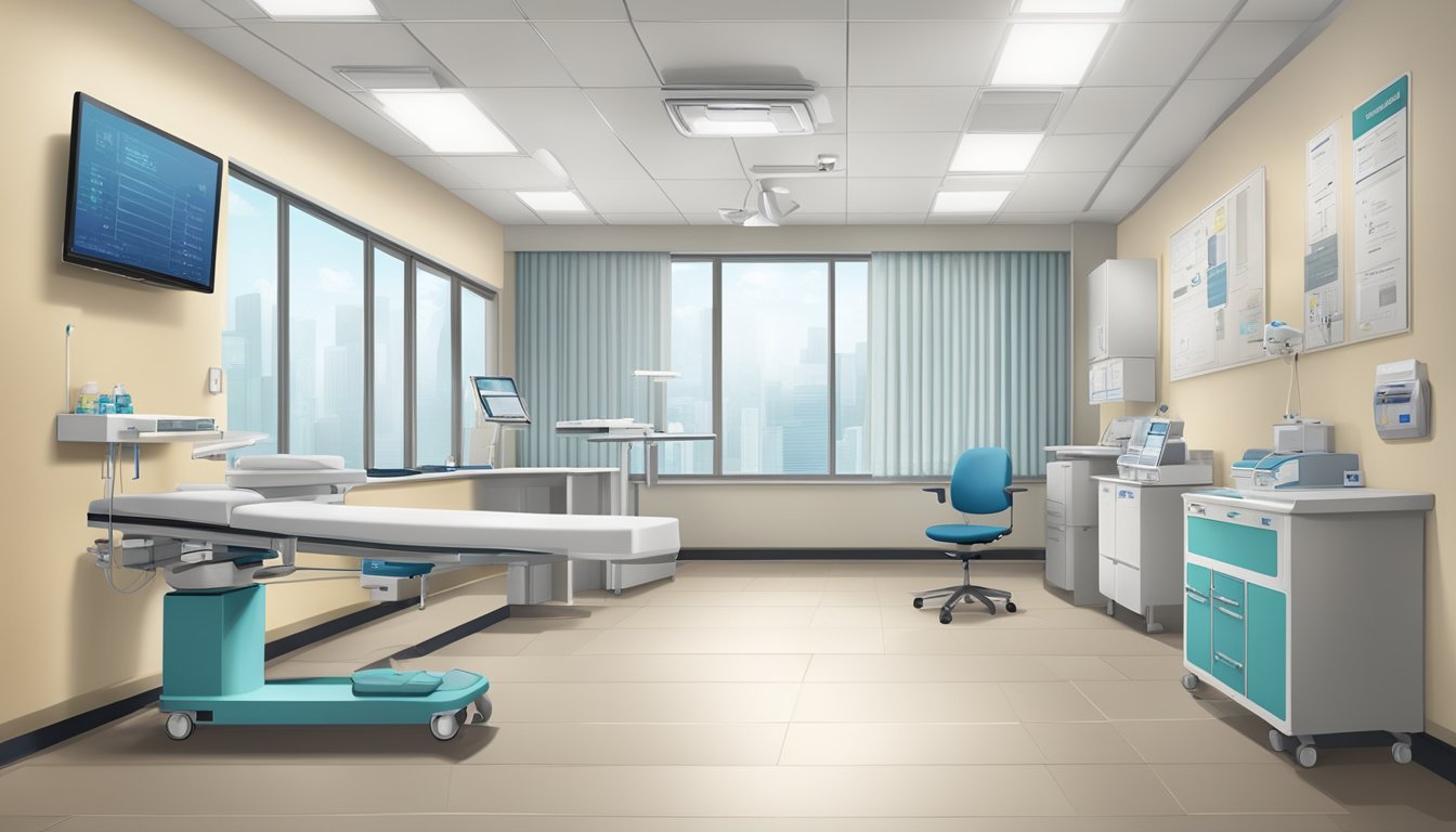 A modern, clean clinic room with medical equipment and a desk, labeled "Dr Ong See Jin Jesse - Clinic 3A – Tan Tock Seng Hospital | SG Cardiologist"