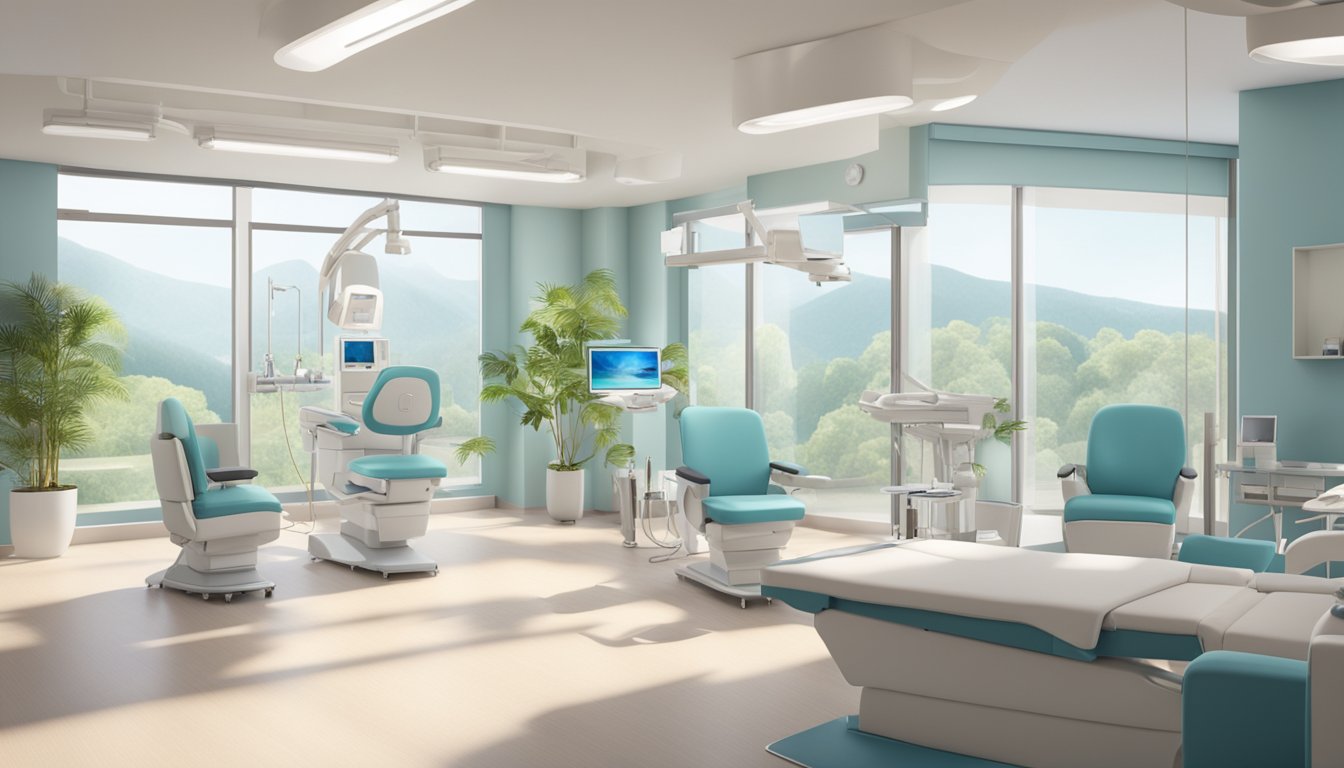 A modern, spacious clinic with state-of-the-art medical equipment and comfortable seating. The atmosphere is calm and welcoming, with natural light streaming in through large windows