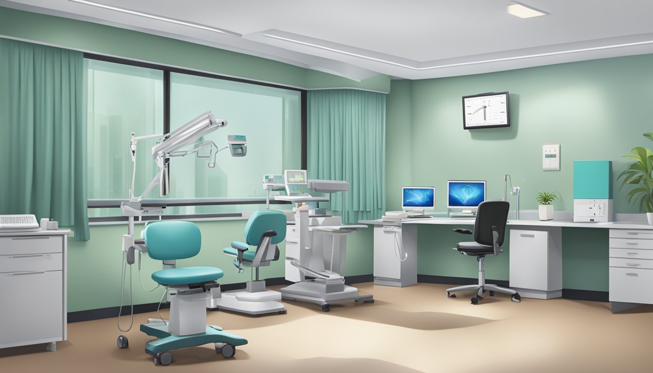 A modern clinic room with medical equipment and a desk, representing Dr. Tan Li Wei's cardiology practice at Tan Tock Seng Hospital