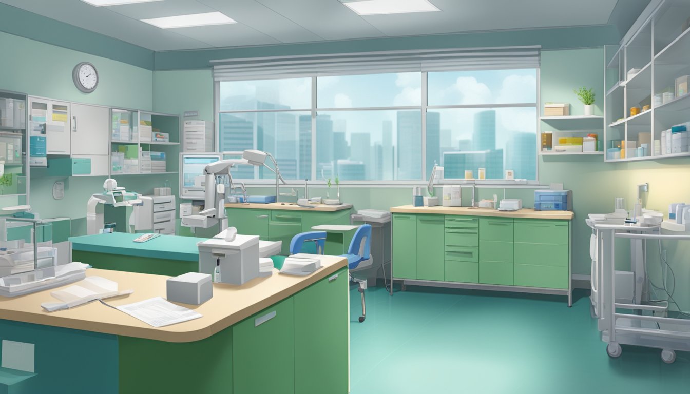 The scene depicts Dr. Tan Li Wei's clinic at Tan Tock Seng Hospital, showcasing a professional and organized environment with medical equipment and paperwork