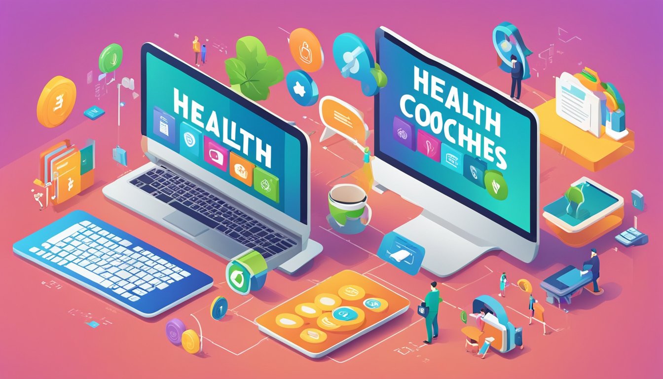 A computer screen displaying 9 colorful icons representing affordable link building services, with the words "Health Coaches" featured prominently