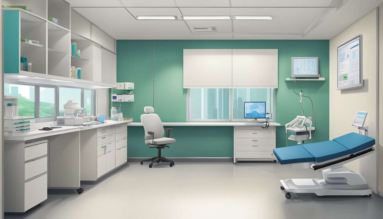 A modern clinic room at Tan Tock Seng Hospital, with medical equipment and a doctor's desk