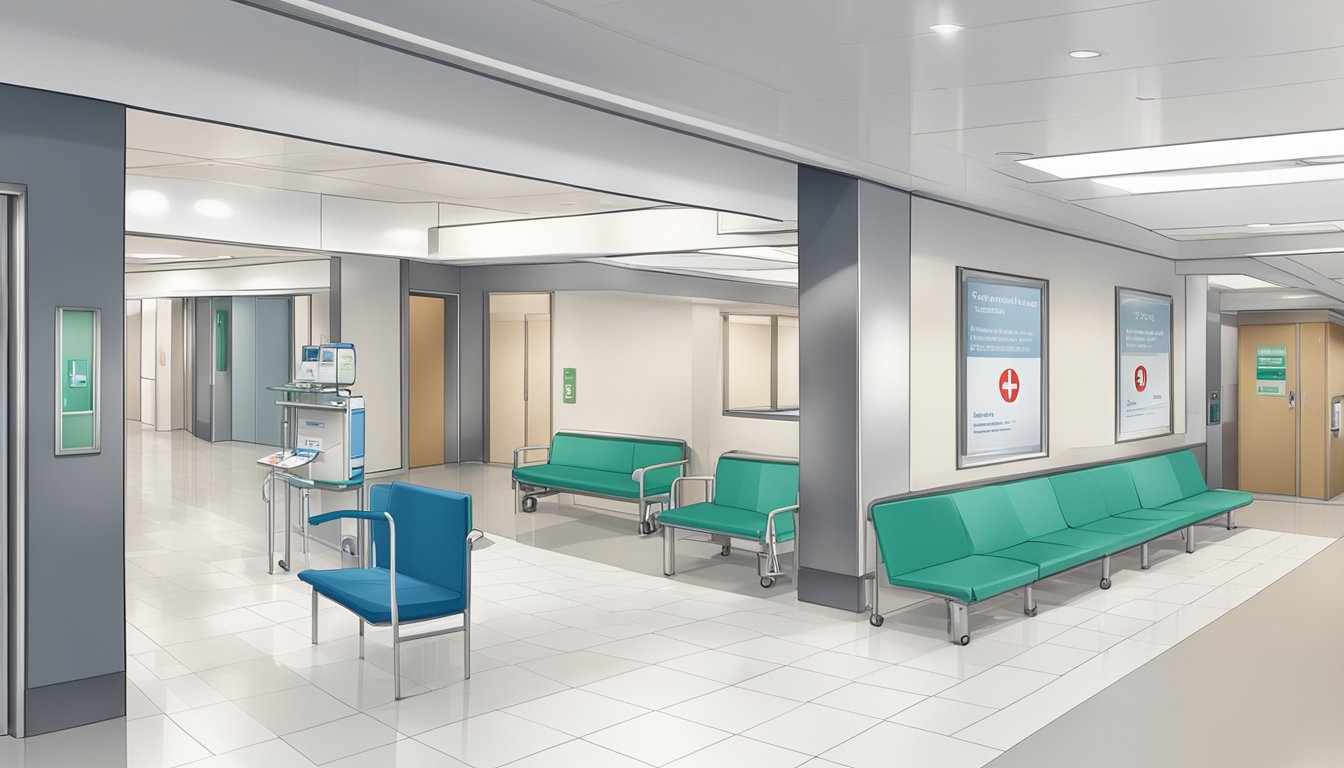 A bustling hospital hallway with modern signage for Clinic 3A at Tan Tock Seng Hospital, conveying a sense of professionalism and expertise in cardiology care