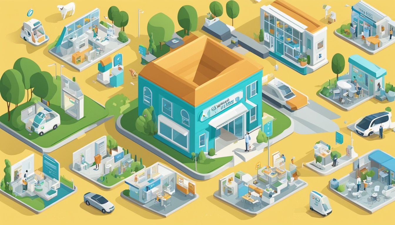 A veterinary clinic with a prominent Google My Business listing, surrounded by pet-friendly imagery and keywords, with a focus on local SEO strategies