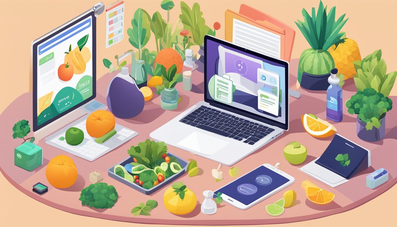 A laptop with a health coach's website open, surrounded by various health and wellness-related items such as fruits, vegetables, yoga mat, and a water bottle