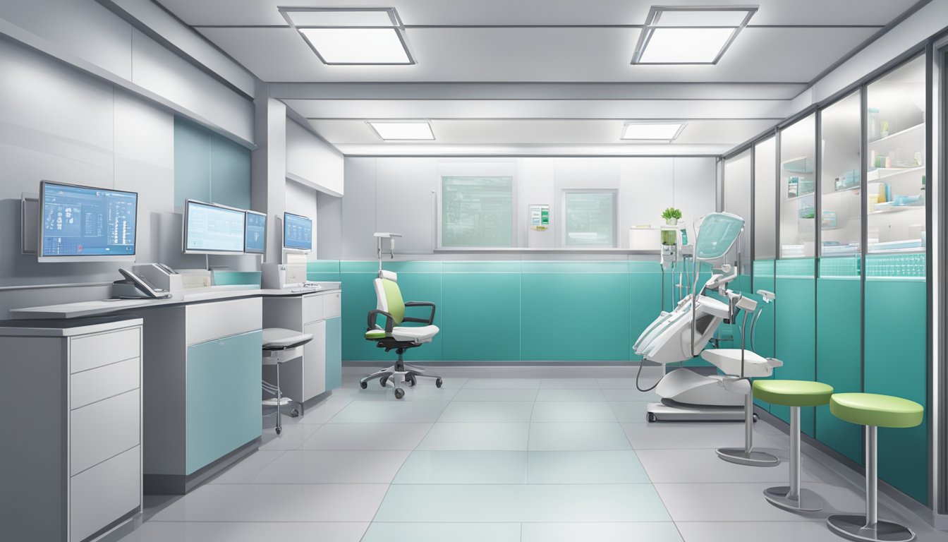 A modern clinic interior with medical equipment and signage for Dr. Ruth Chen Weixian - Cardiologist at Tan Tock Seng Hospital