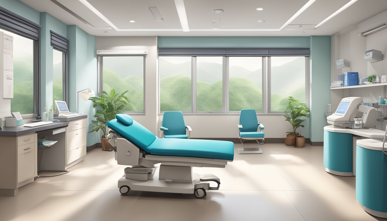 A modern clinic interior with medical equipment and comfortable seating, showcasing the expertise of Cardiologist Dr. Ruth Chen Weixian at Clinic 3A, Tan Tock Seng Hospital