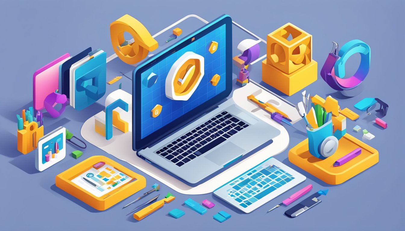 A small agency's logo is surrounded by various tools and icons representing link building services, with a vibrant color scheme and modern design