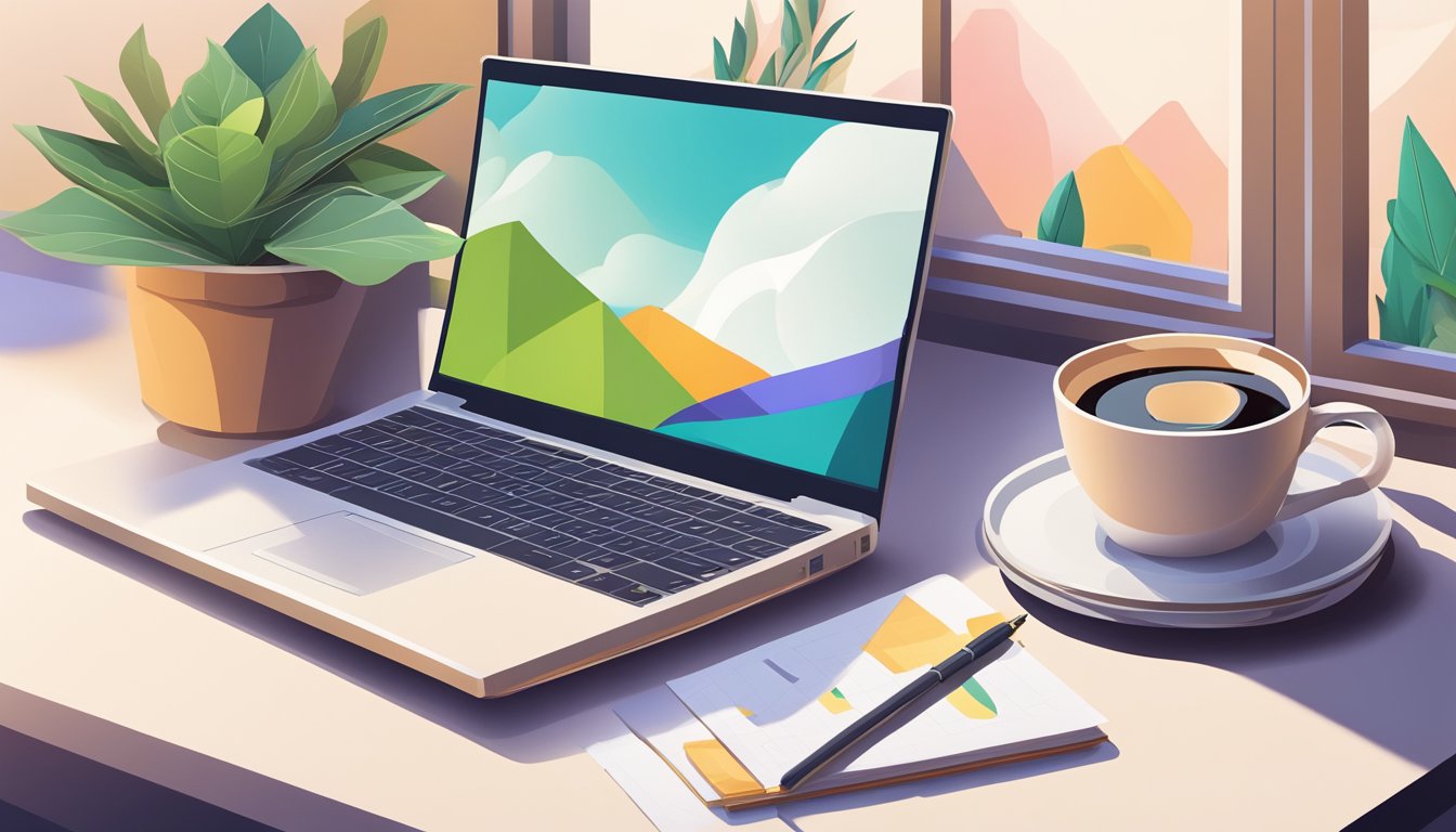 A desk with a laptop, notebook, and pen.</p><p>A stack of books on personal development.</p><p>A cup of coffee and a plant in the background