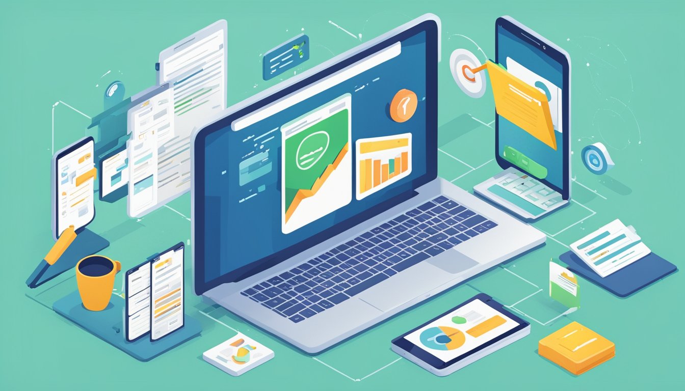 A laptop displaying a checklist of 9 steps for a comprehensive SEO audit for membership sites, surrounded by mobile devices for usability checks