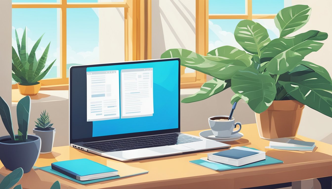 A desk with a laptop, notebook, and pen.</p><p>A cup of coffee and a plant sit nearby.</p><p>A window shows a sunny day