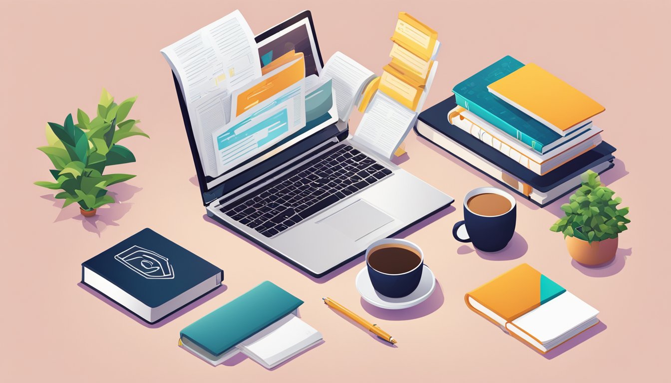 A desk with a laptop, notebook, and pen.</p><p>A stack of books on personal development.</p><p>A cup of coffee.</p><p>Long Tail Pro logo visible on the laptop screen