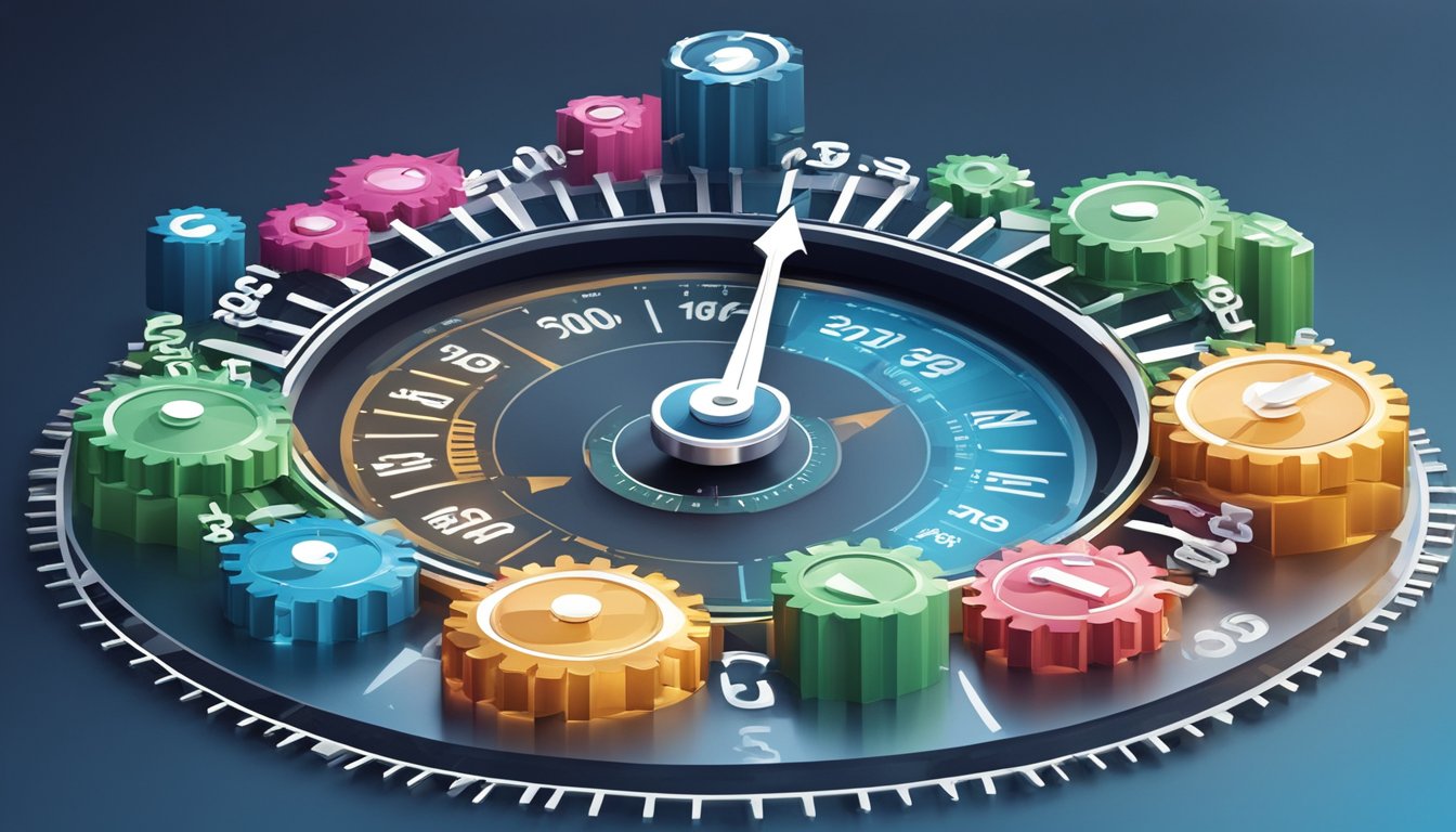 A website speedometer needle pointing to the highest speed, surrounded by five gears representing different ways to improve website speed for better SEO on shopping sites