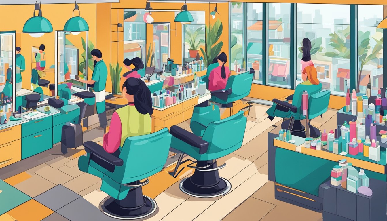 A hairdresser's salon with a sign displaying "Local Hairdressers" and a busy street outside.</p><p>The salon is filled with stylish chairs and hair products, and a stylist is cutting a client's hair