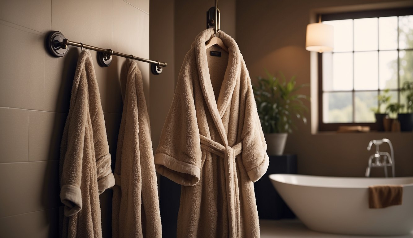 A luxurious bathroom setting with a plush linen bathrobe hanging on a hook, soft lighting, and a relaxing atmosphere