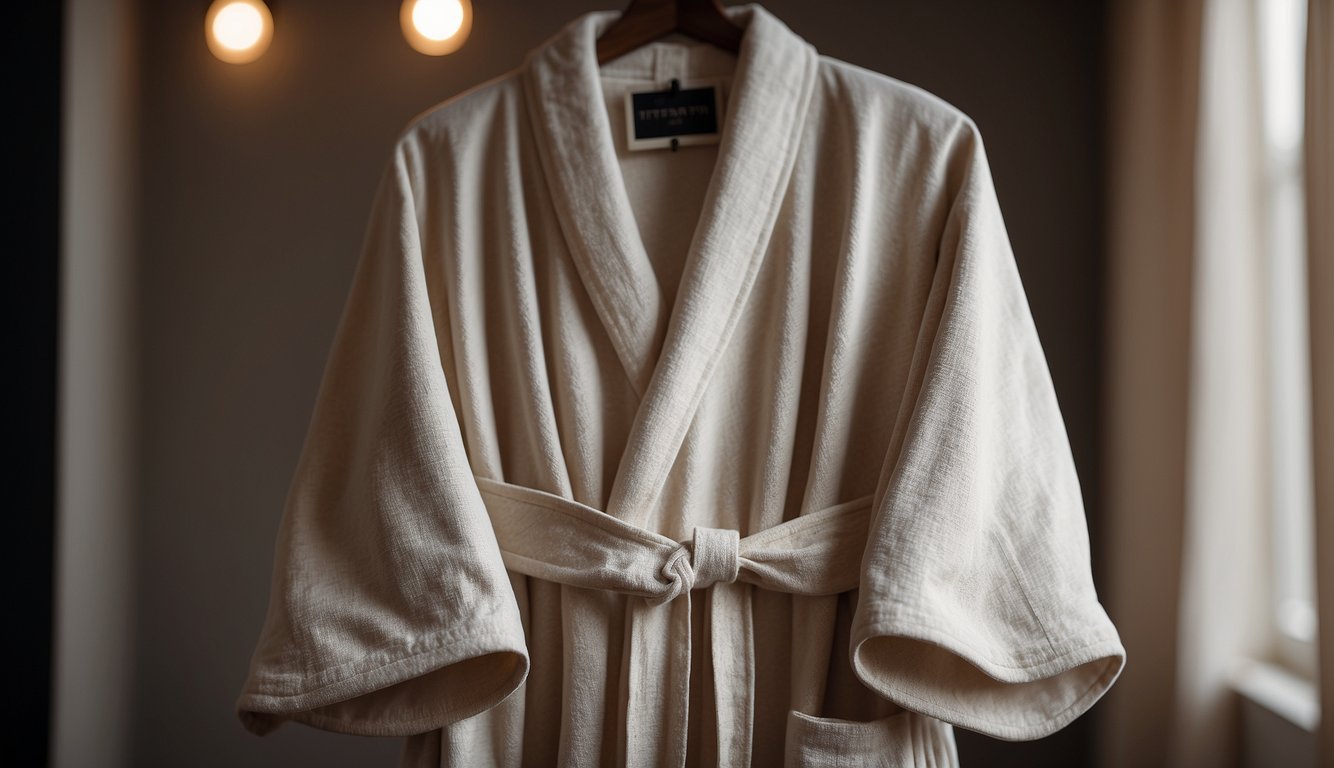 A luxurious linen bathrobe hangs elegantly on a sleek, modern hanger. The soft, natural fabric drapes gracefully, showcasing the robe's quality and comfort