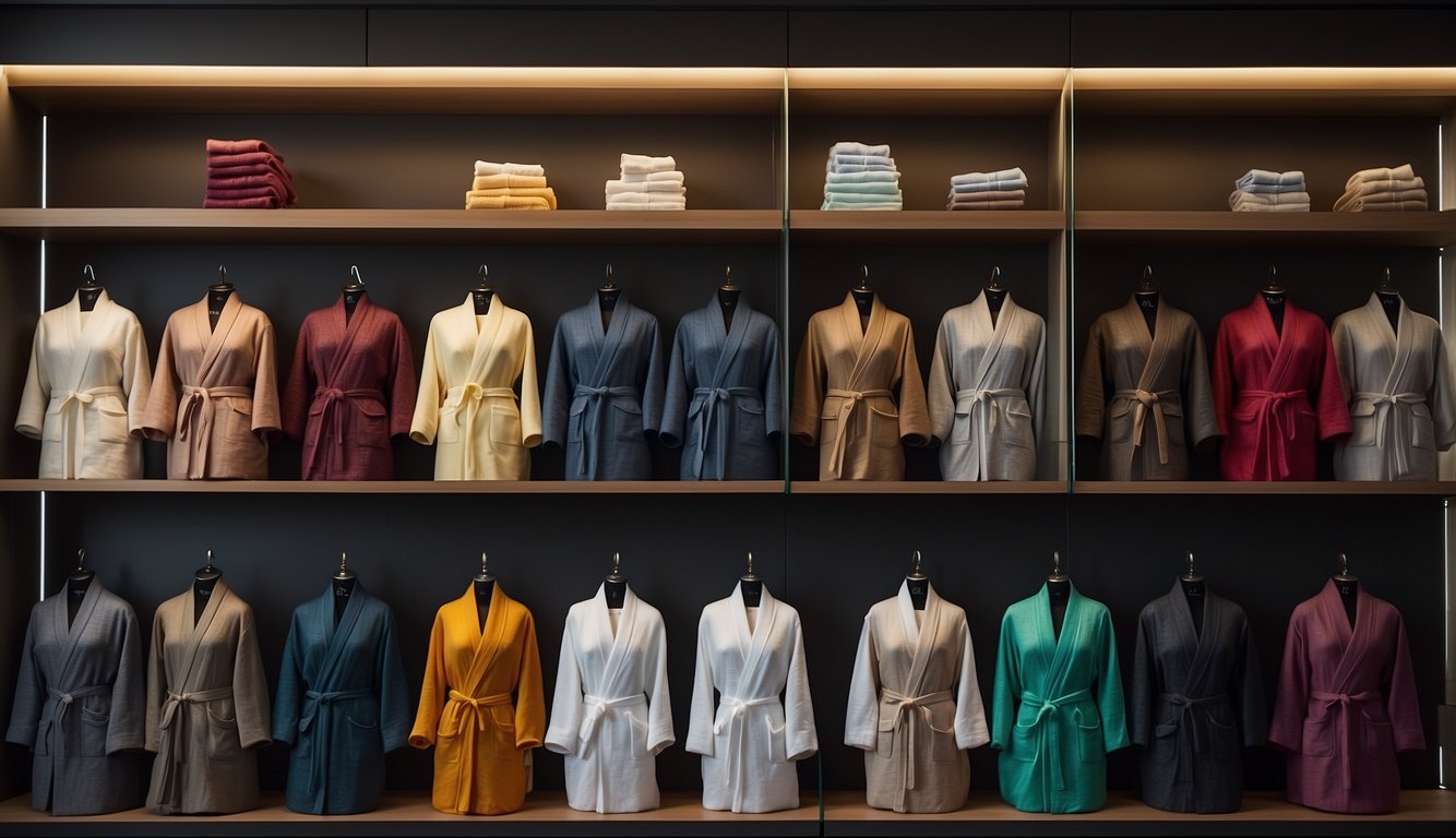 A display of premium linen bath robes in various colors and styles, neatly folded and arranged on shelves with soft lighting and a luxurious backdrop