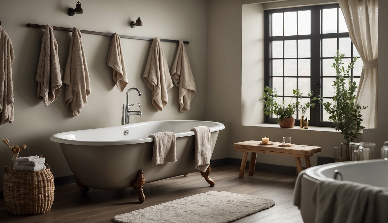 A cozy bathroom setting with luxurious linen bathrobes hanging on hooks, showcasing their premium quality and inviting comfort