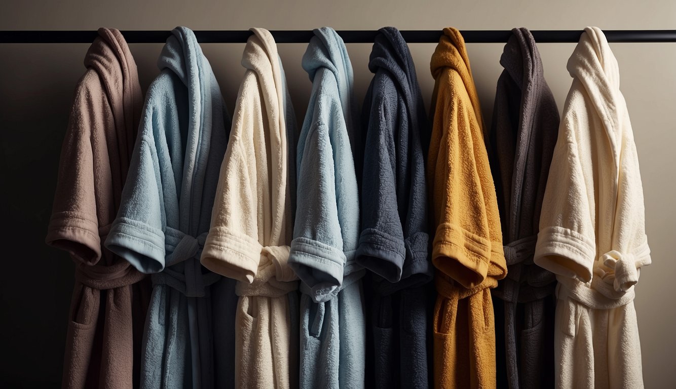 A row of premium linen bathrobes displayed on hangers, with a spotlight highlighting their luxurious texture and design