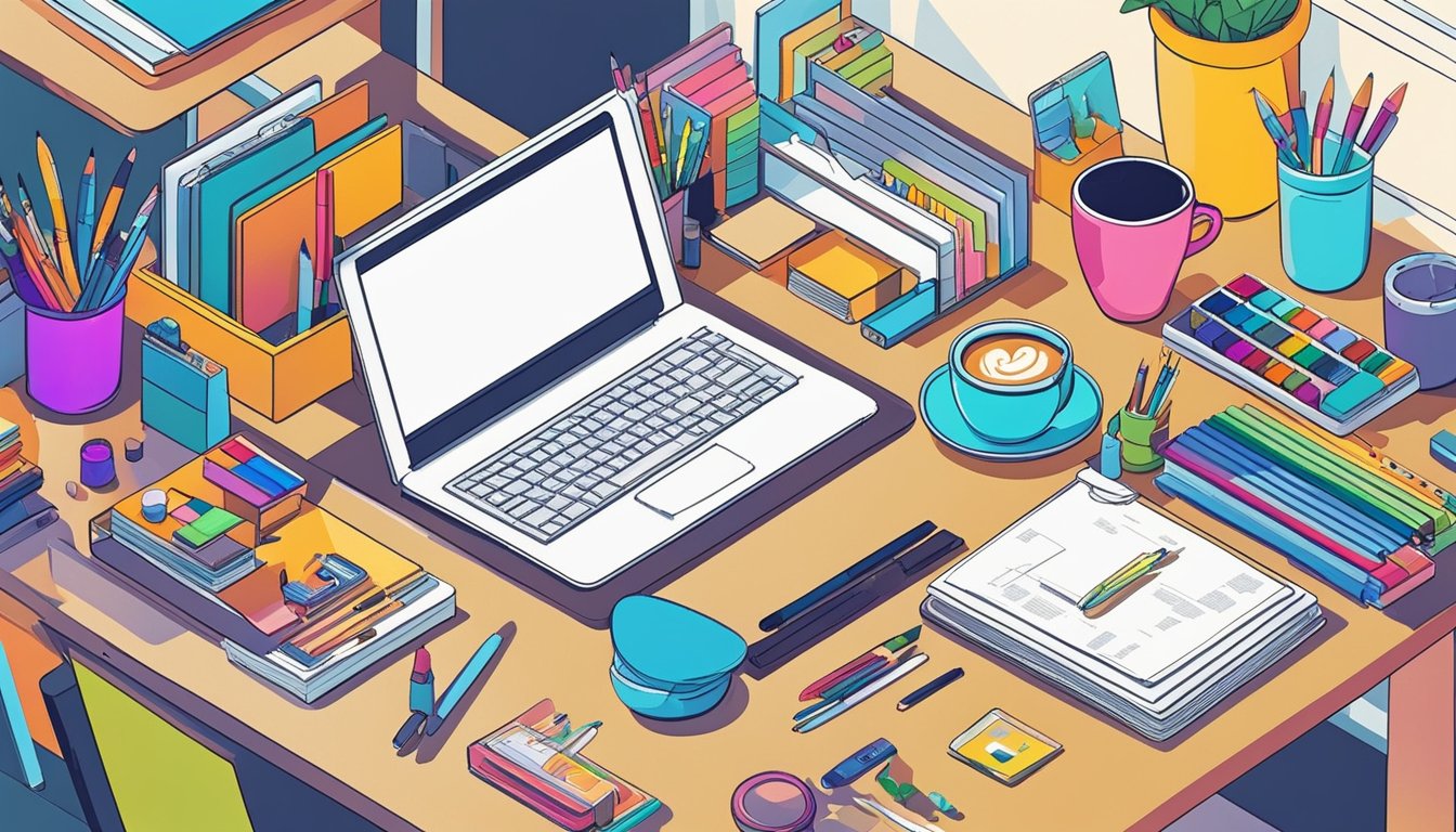 A desk with a laptop open to Moz Keyword Explorer.</p><p>Surrounding it are various art supplies like paintbrushes, sketchbooks, and colorful markers.</p><p>A cup of coffee sits nearby