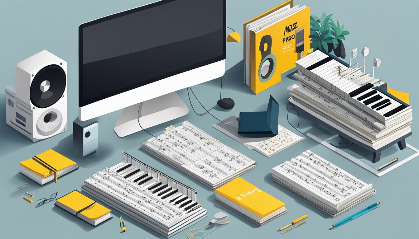 A desk with a computer displaying the Moz Pro website, surrounded by musical instruments and sheet music